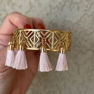 Unique Gold Geometric Cuff with Pink Tassels